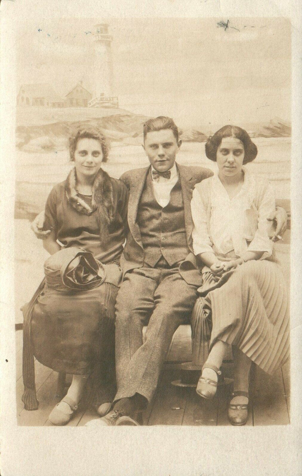 Antique Well Dressed Young Man and Two Young Girls RPPC Real Photo Poster painting Postcard