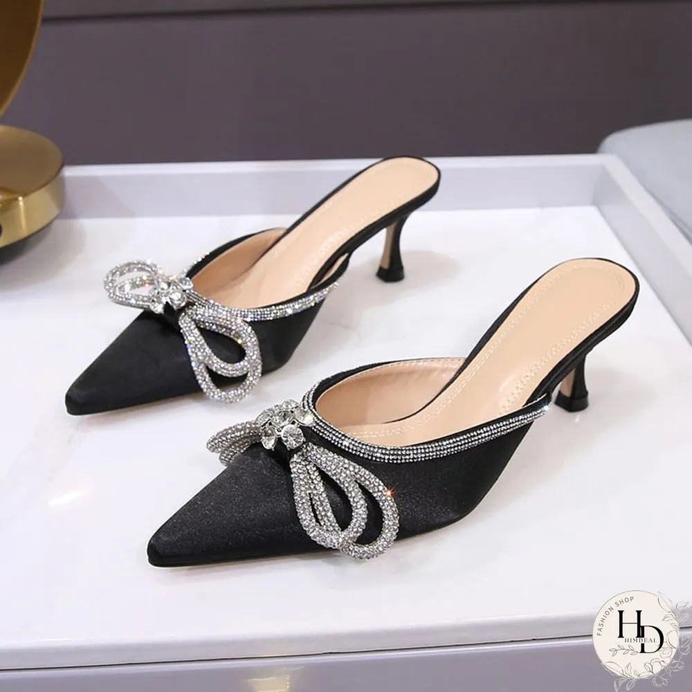 Rhinestones Bowknot For Women Sexy Buckle Strap Ladies High Heel Pumps Pointed Toe Silk