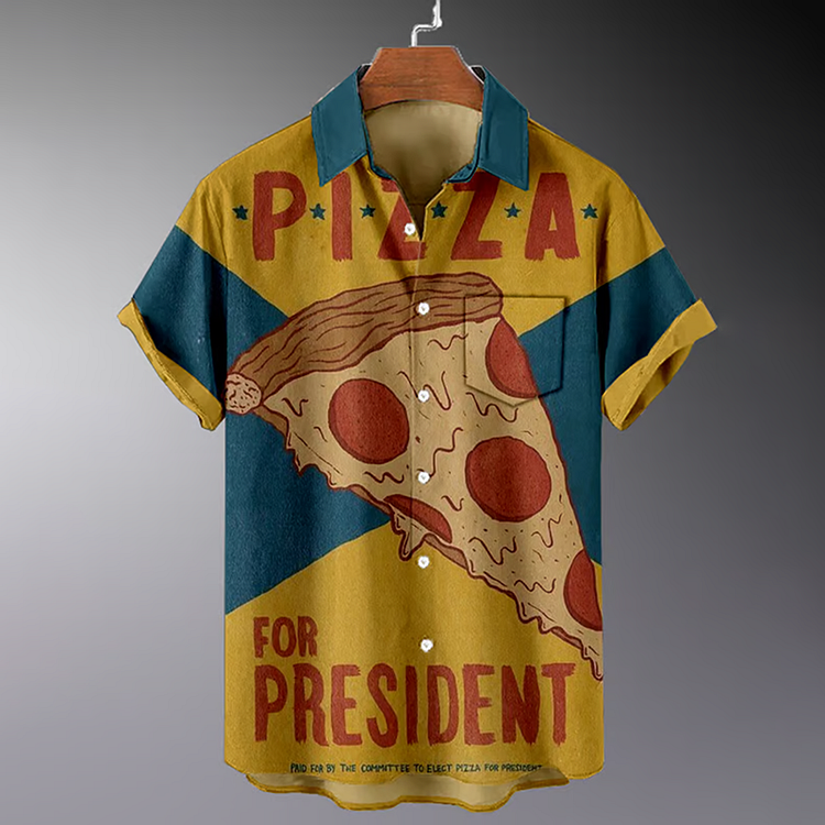 Simpfit Herren Vintage Pizza Poster Print Art Nachahmung aus Nachahmung aus Baumwolle und Leinen Gemütliches Hemd