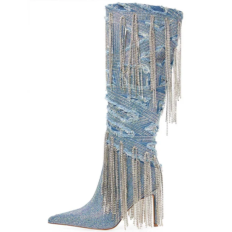 Blue Pointy Toe Rhinestone Fringe Stiletto Knee High Denim Boots |FSJ Shoes