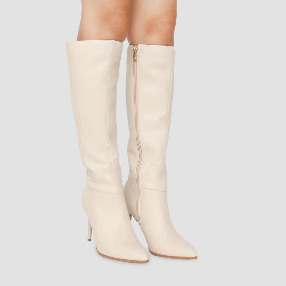 9.5cm Zipper Genuine Leather Mid Heels Knee Boots-MERUMOTE