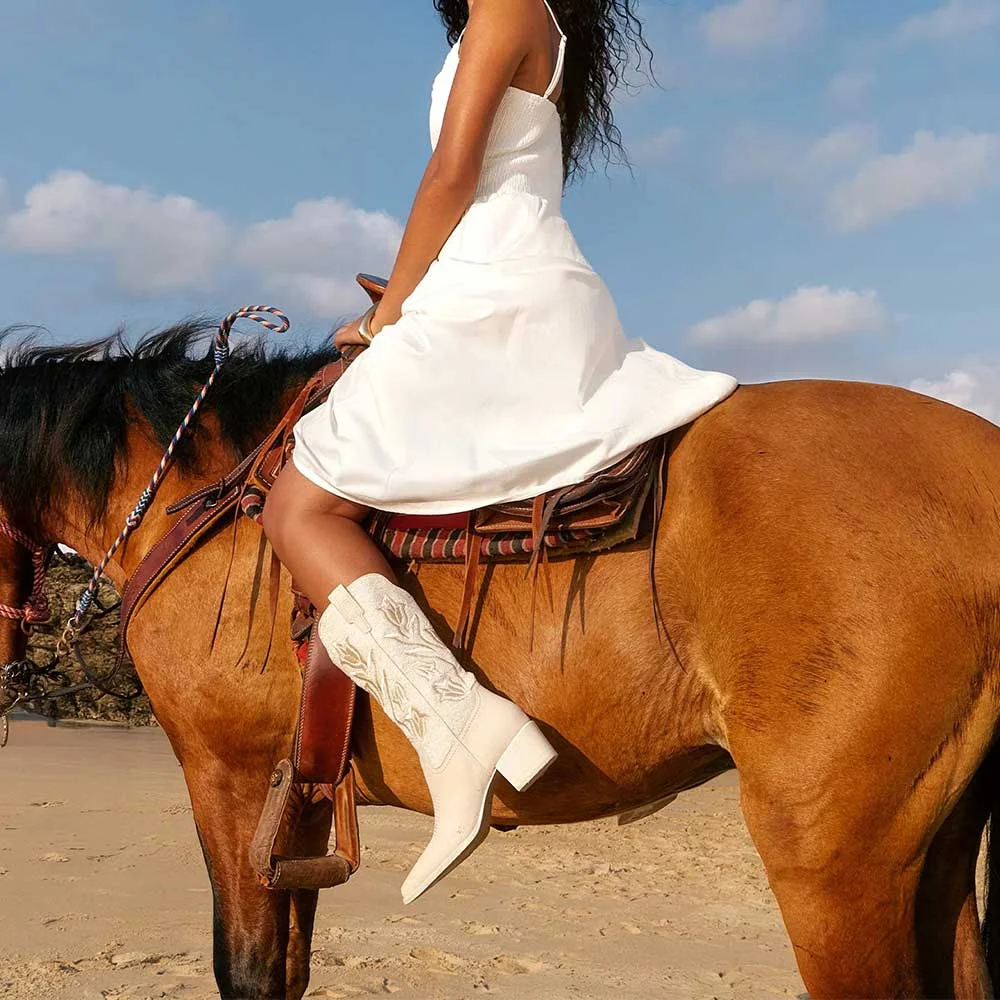 Ivory Snip Toe Chunky Heel Embroidered Zipper Sequins Cowgirl Boots