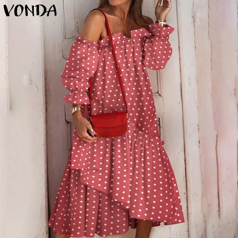 2022 VONDA Summer Sexy Off Shoulder Dress Women Long Sleeve Irregular Hem Lace Pleated Midi Sundress Bohemian Party Beach Robe