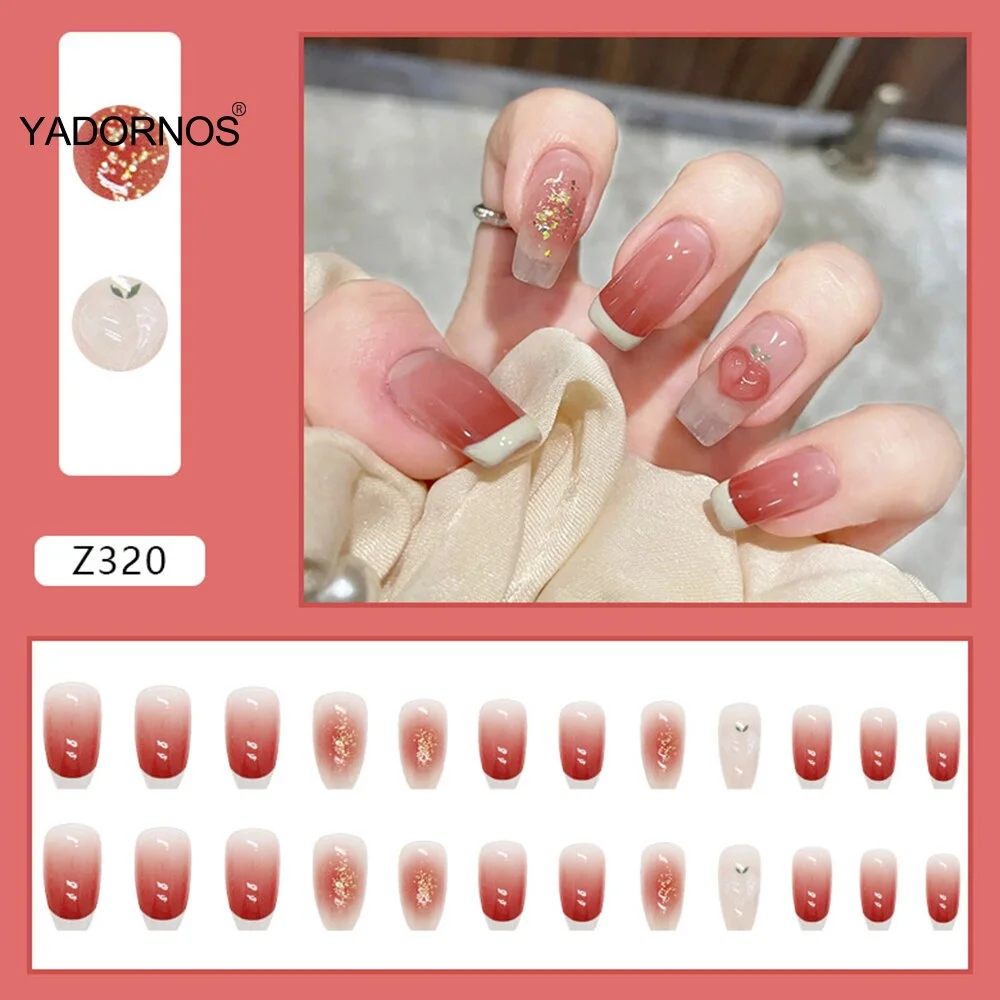 Gradient Press On Nails 24Pcs Color Changing Design Gentle Pink False Nail 3D Peach Heart Fake Nail for Girl  Free Shipping Item