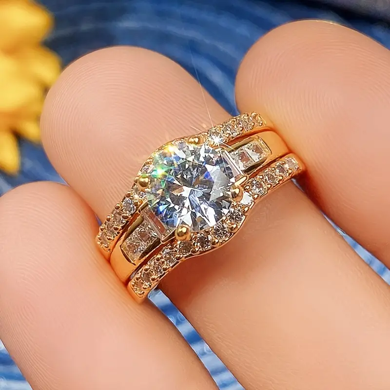 plated round zircon set ring fashion luxury engagement wedding jewelry for women ring set 3pcs details 2