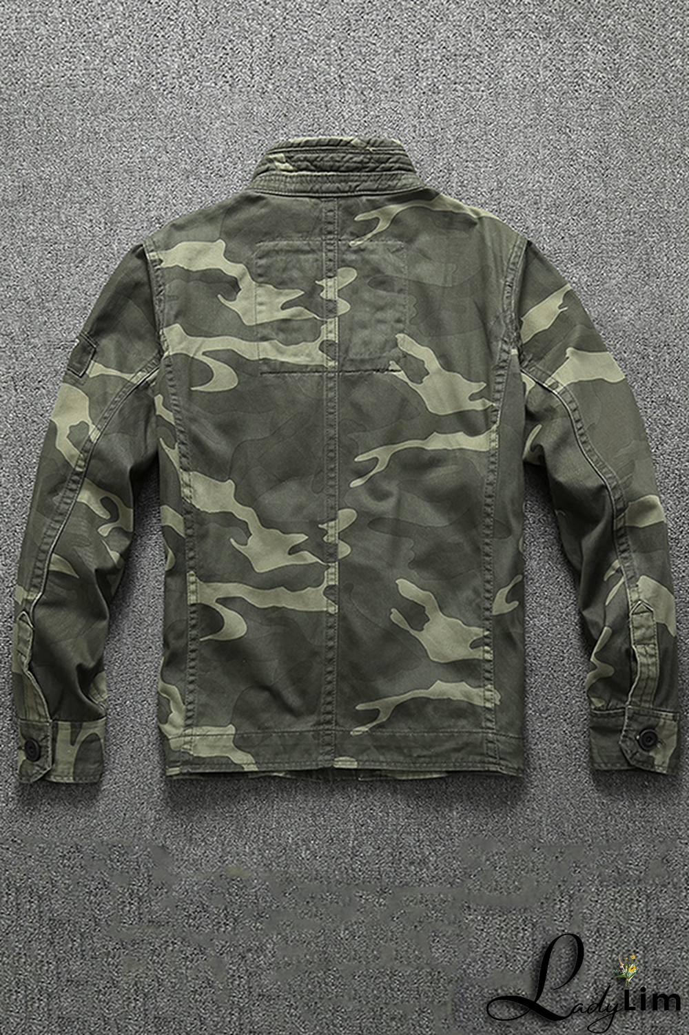 Green Fashion Casual Solid Camouflage Print Buckle Zipper Mandarin Collar Outerwear