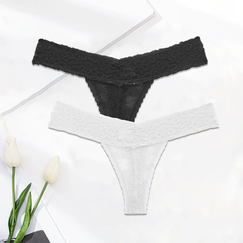 FINETOO 2PCS/Set M-XL Lace G-string Thong Panties for Woman Sexy Floral Underwear Transparent Women's Underpants Female Lingerie