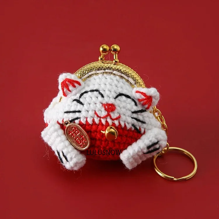 Lulusnow Handmade  Kawaii gift Japanese Maneki Neko Lucky Cats Crochet Coin Purse Keychain Bag Pendant Gift for Her/Friend/Kids