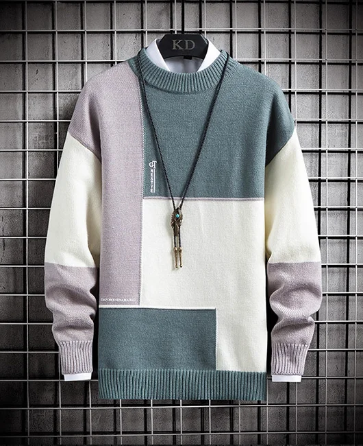 Crew Neck Colorblock Long Sleeve Knitted Warm Sweater 
