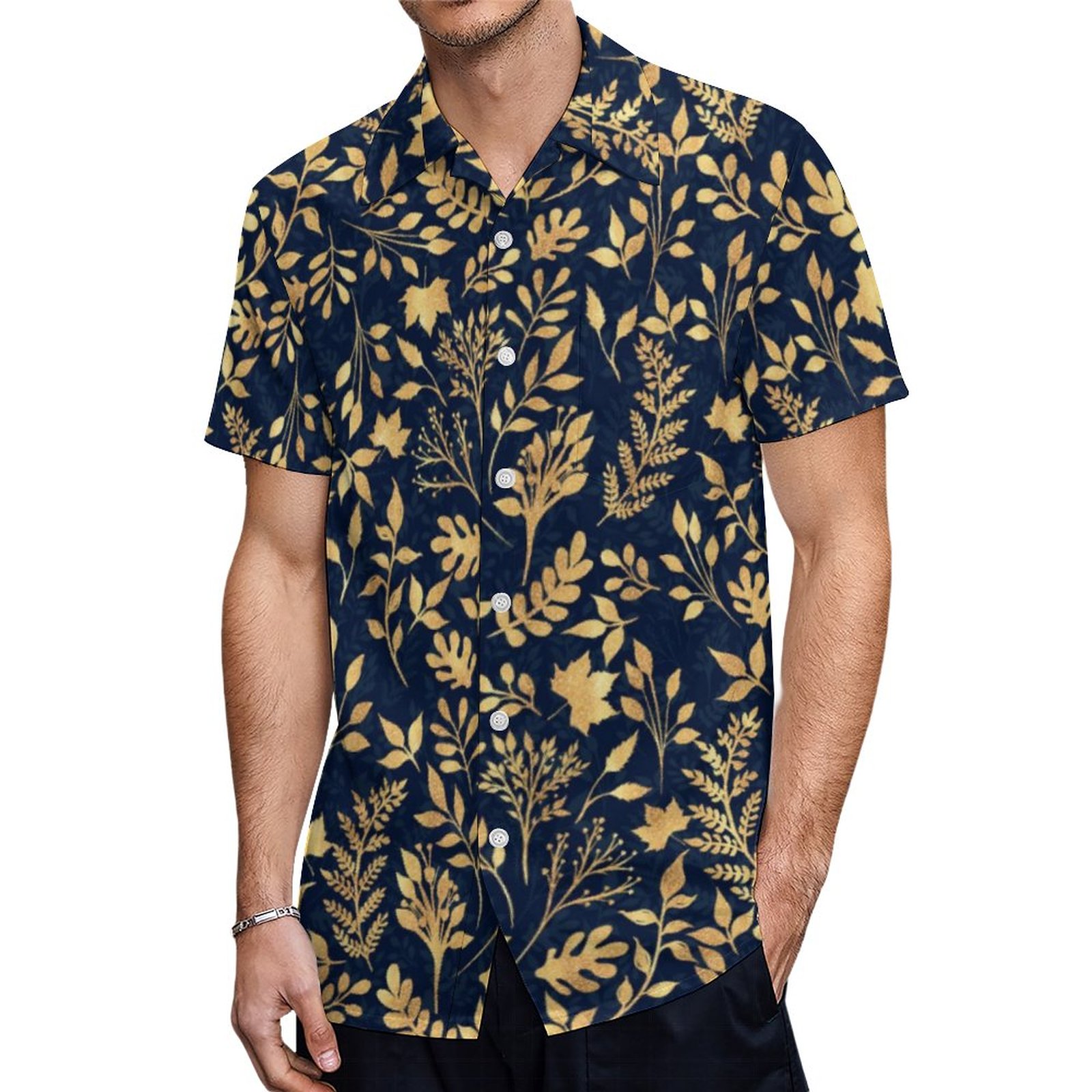 Elegant Gold Glitter Foliage Navy Blue Design Hawaiian Shirt Mens Button Down Tropical Hawaii Beach Shirts