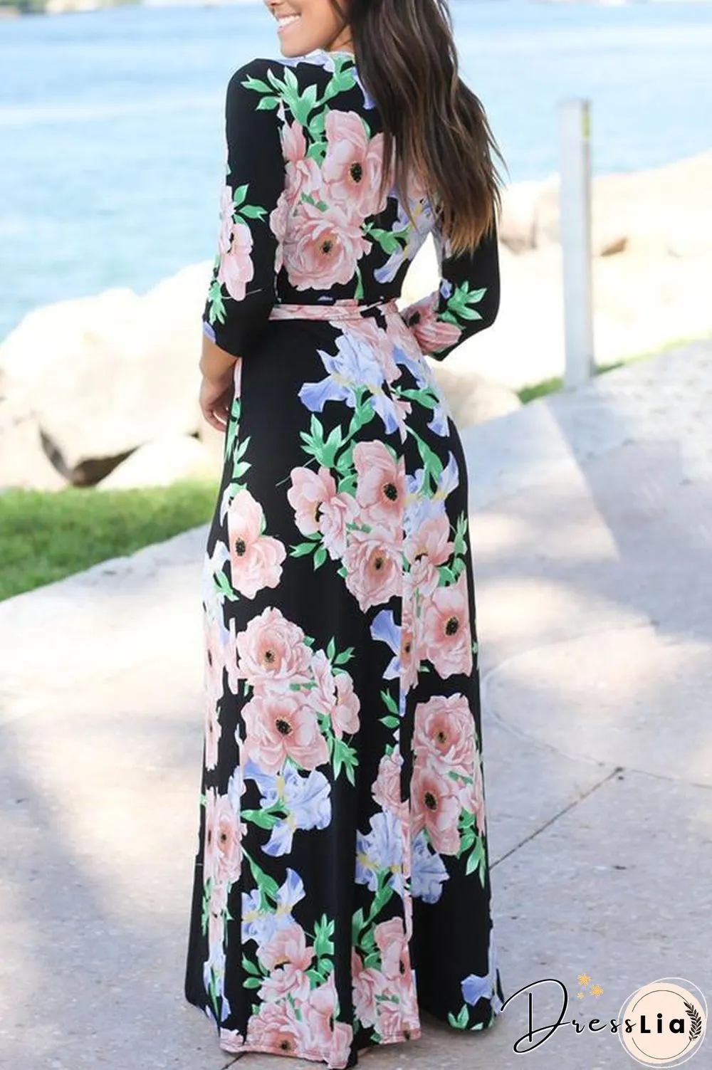Mixed Color Flower Printed V Neck Maxi Dress