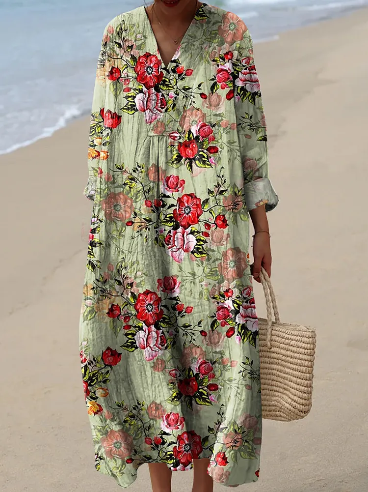 Women's Green Flower Pattern  Art Print Dress