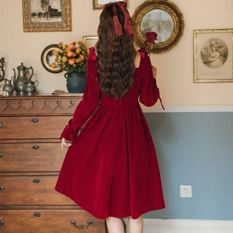 Vintage Red Long Sleeve French Square Collar Princess Dress BE239