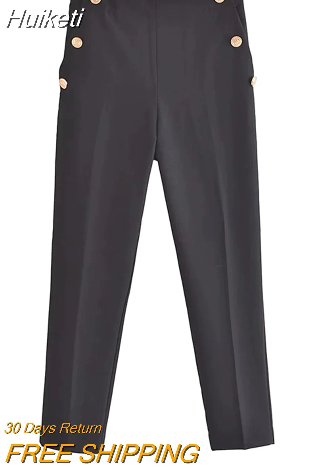 Huiketi Fashion Solid Color Suit Pants Simple Elastic Waist Side Pocket Buttons Chic Pencil Pants Temperament High Quality Women