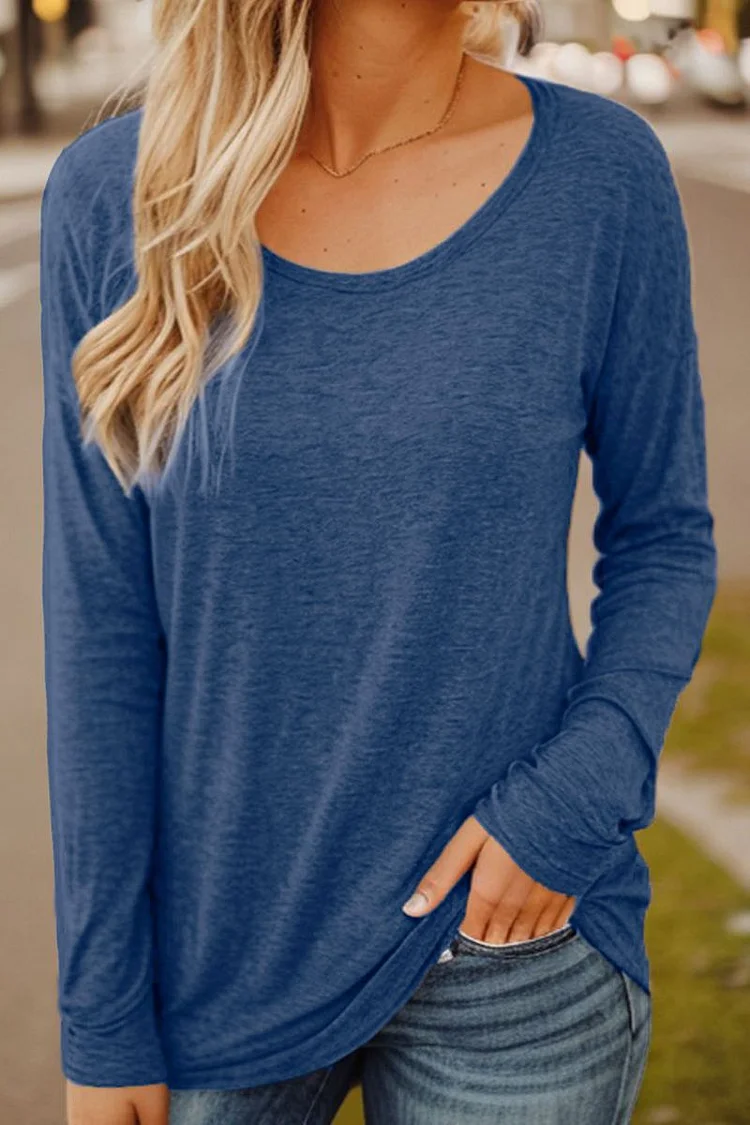 Solid Scoop Neck Long Sleeve Blouse