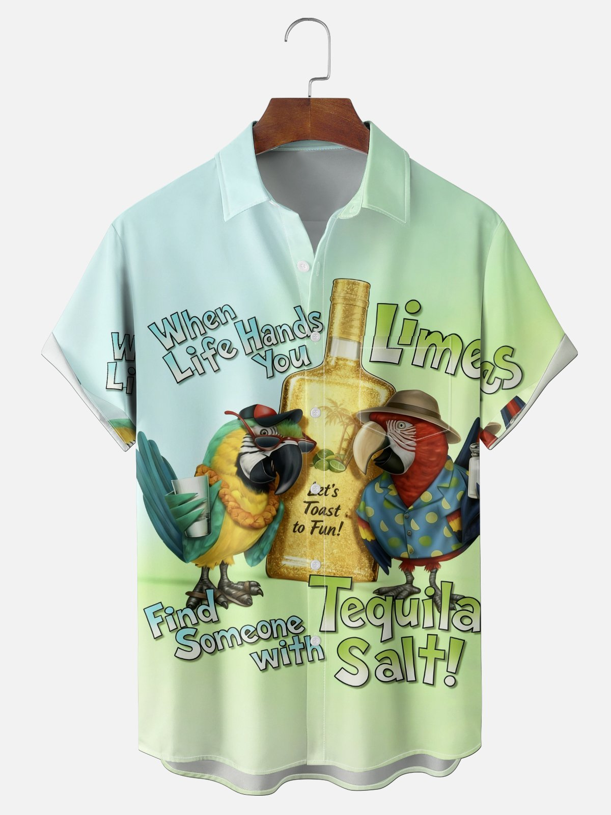 Moisture Wicking Fun Parrot Slogan Chest Pocket Holiday Hawaiian Shirt PLUSCLOTHESMAN