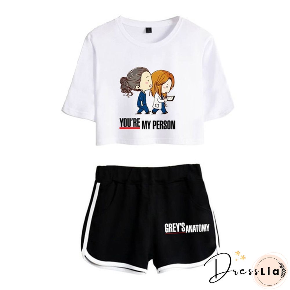 Women Grey's Anatomy Women Short T-shirt Shorts Suit Summer Sport Wear Casual Cotton Yoga Lady Crop Top and Shorts
