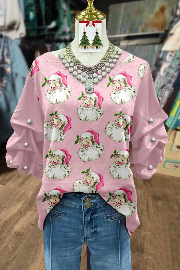 Cute Santa Print Pearl Ruched Sleeve Top