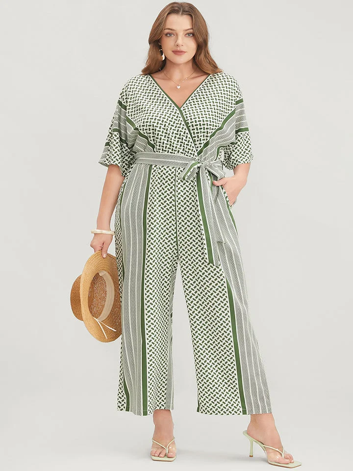 Geometric Contrast Dolman Sleeve Pocket Belted Wrap Jumpsuit