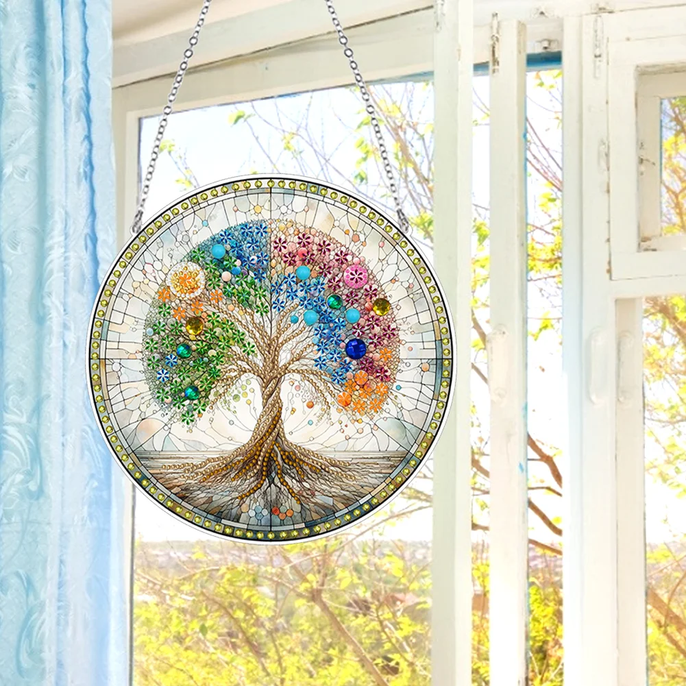 DIY Tree Stained Glass Acrylic Diamond Painting Hanging Pendant for Home Wall Decor
