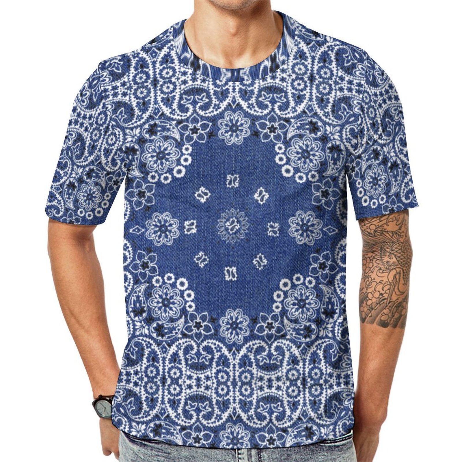 Western Blue Bandanas Short Sleeve Print Unisex Tshirt Summer Casual Tees for Men and Women Coolcoshirts