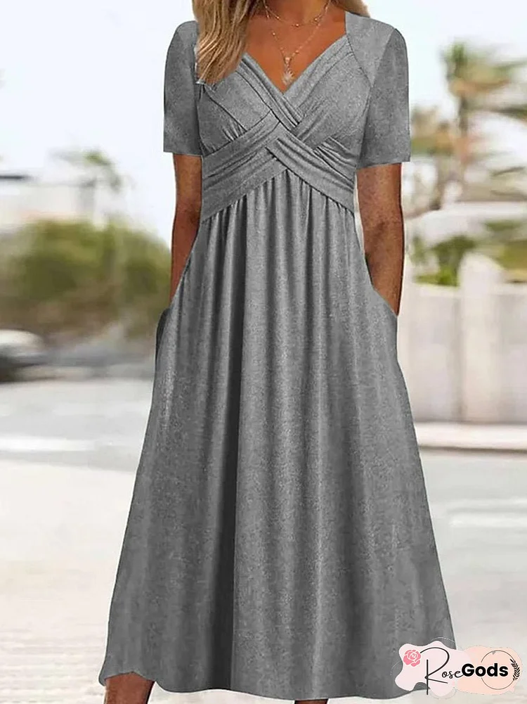 Women's Half Sleeve V-neck Solid Color Pockets Midi Dress