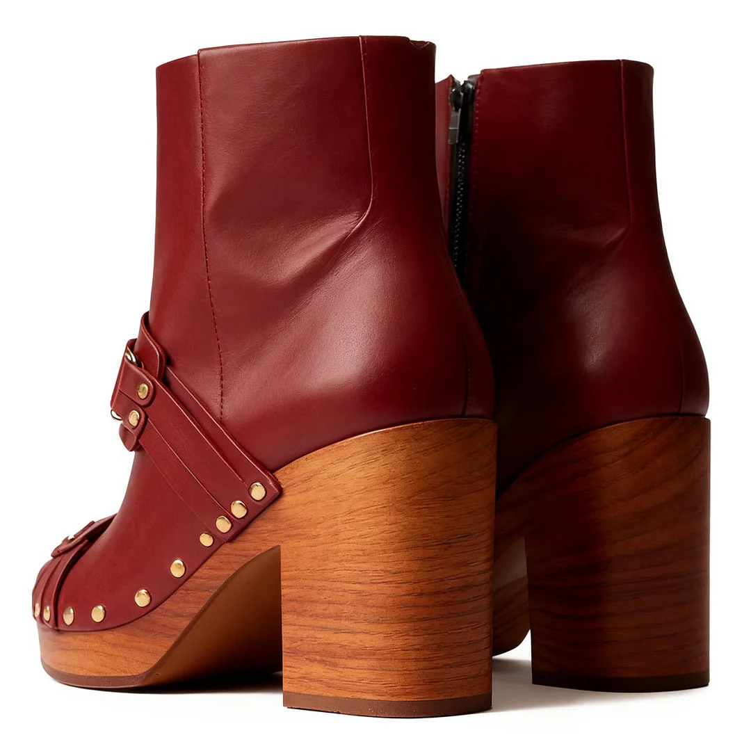 Women's Maroon Studded Round Toe Platform Heeled Booties with Zipper