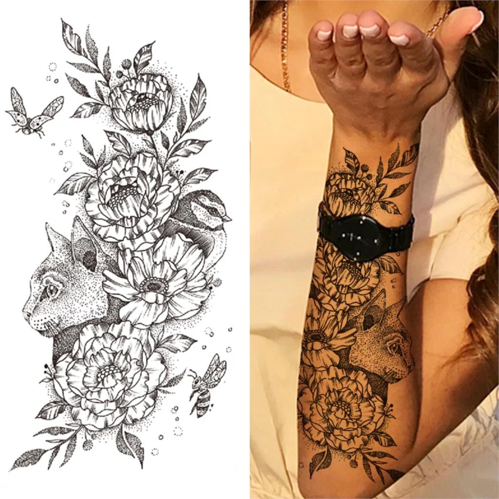 Geometry Rose Flower Temporary Tattoos For Women Girls Black Butterfly Bird Tattoo Sticker Fake Peony Geometric Body Art Tattos