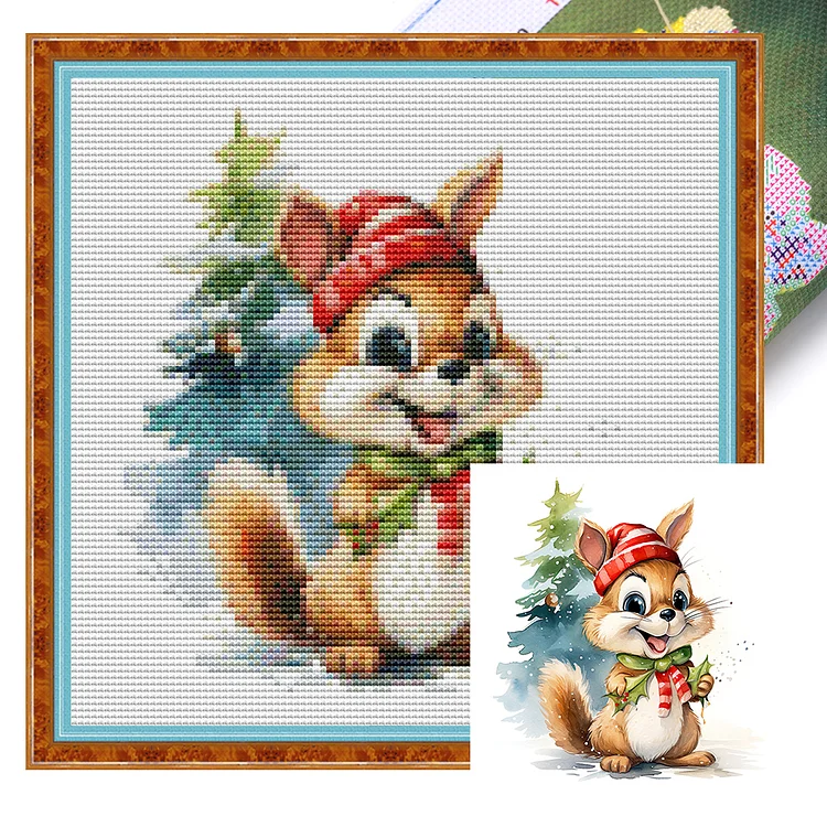 Christmas Squirrel - Printed Cross Stitch 18CT 20*20CM