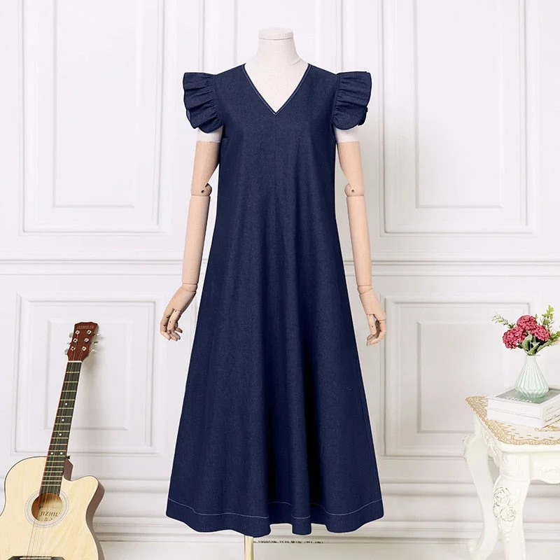 Vintage Women Denim Blue Dress 2022 Summer Ruffle Sleeveless Maxi Dresses ZANZEA Casual Solid A-line V-neck Oversized Sundress 7