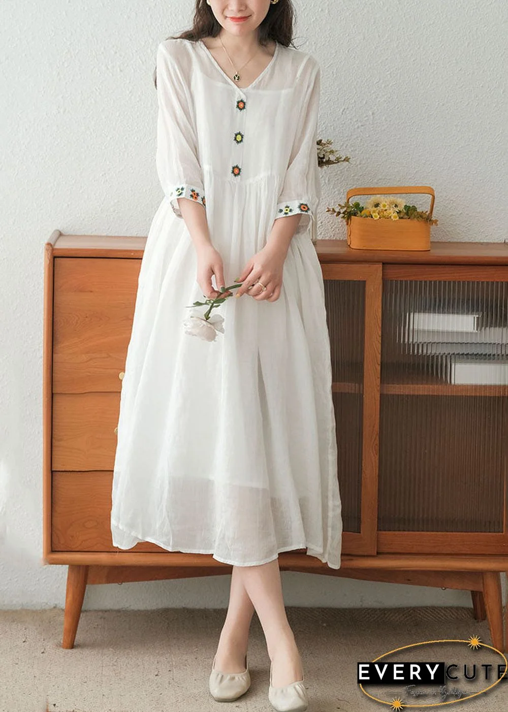 Bohemian White V Neck Embroideried Linen Dress Two Piece Set Women Clothing Summer