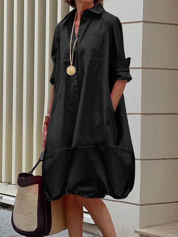 Long Sleeves Loose Solid Color Lapel Collar Midi Dresses