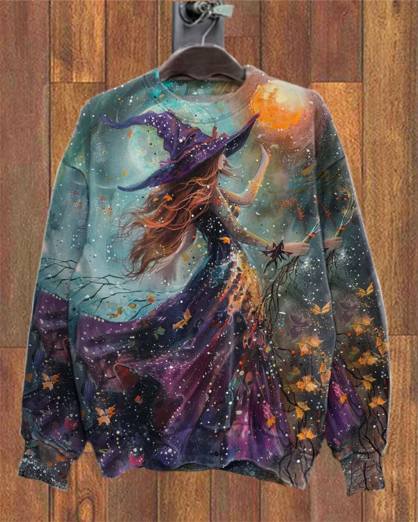 Purple Witch Halloween Print Loose Sweatshirt