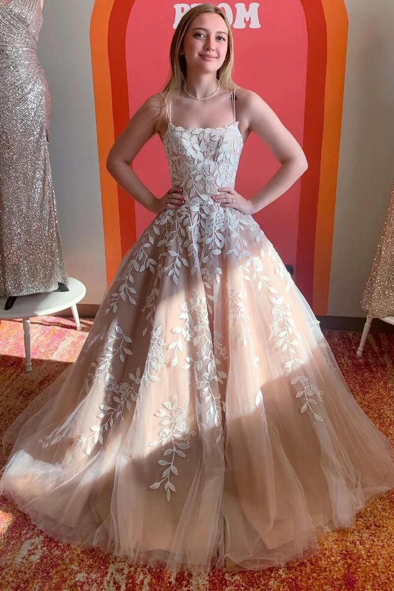 Bellasprom Champagne Spaghetti-Straps Sleeveless A-Line Prom Dress With Appliques