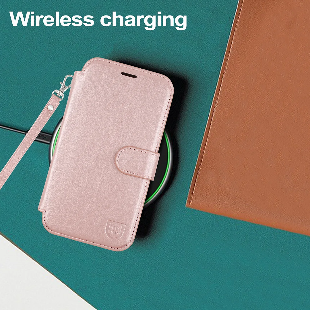VANAVAGY Compatible for iPhone 16 Wallet Case for Magsafe Wireless Charging,Leather Flip Folio Wrist [Glass Screen Protectors & Camera Lens Protectors] with RFID Block Card Holder