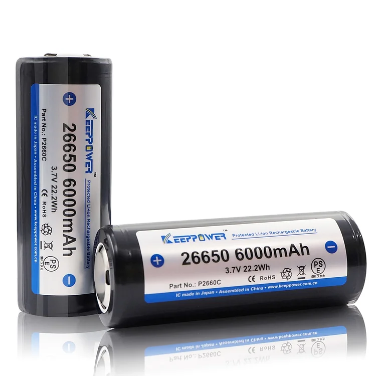 KeepPower 26650 6000mAh 3.7V  Protected Button Top Rechargeable Battery (pack of 2)