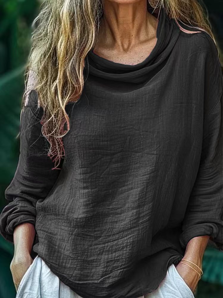 Cowl Neck Long Sleeve Solid Color Loose Top