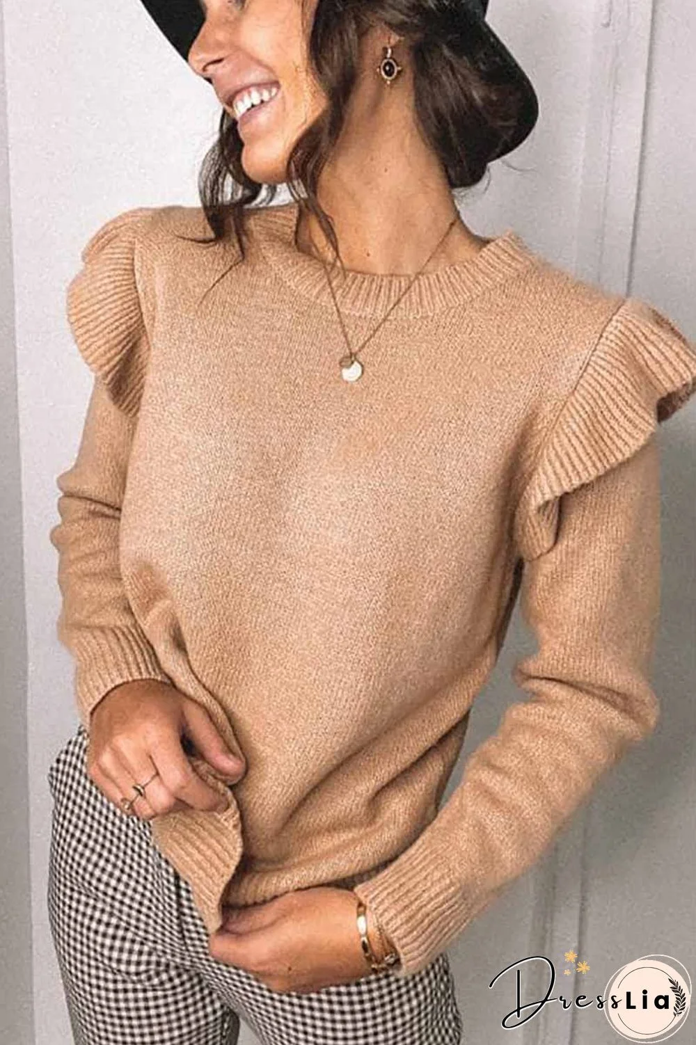 Solid Color Ruffle Knitted Sweater