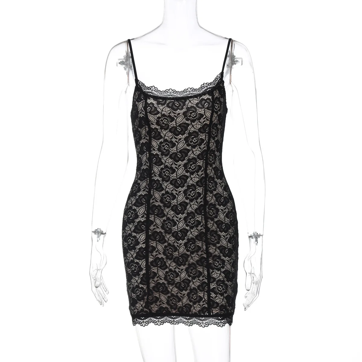 Lace Spaghetti Strap Sexy Mini Dress For Women Robe Fashion Off-shoulder Sleeveless Backless Floral Print Skinny Dress