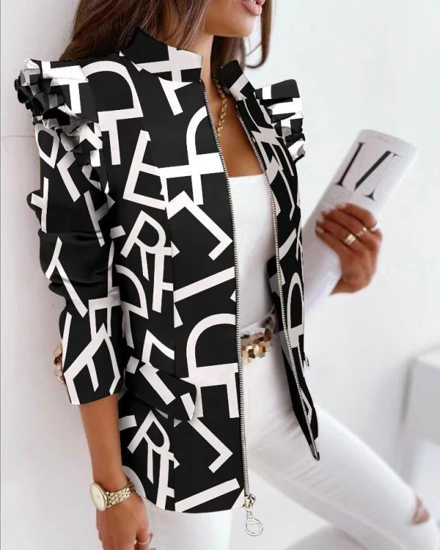 Uveng Uveng Explosion Autumn And Winter Lotus Leaf Side Long Sleeve Zipper Print Suit Small Coat Woman