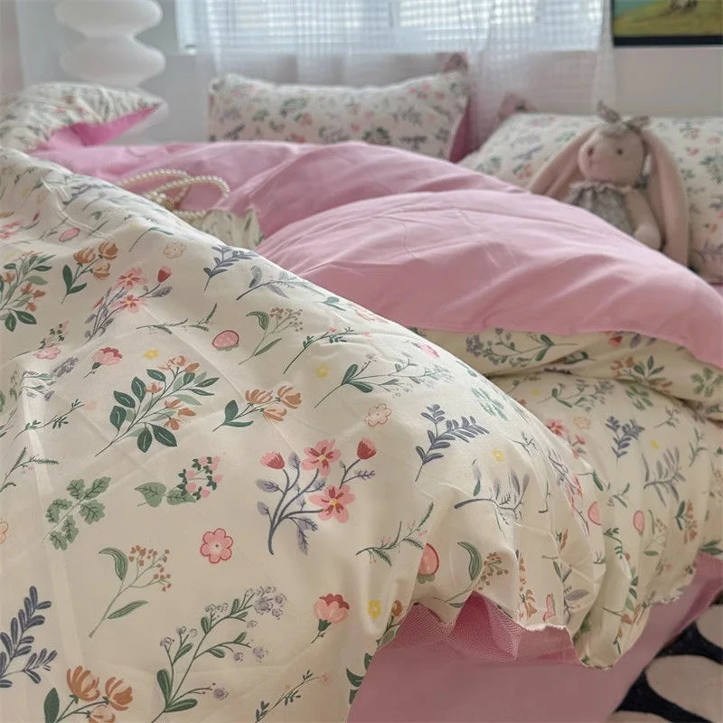 Aonga Cream Green Floral Duvet Cover Set No Filler Ins Style Full Size Girls Boys Flat Sheet Pillowcase Bedspread Cute Kawaii Bedding aonga