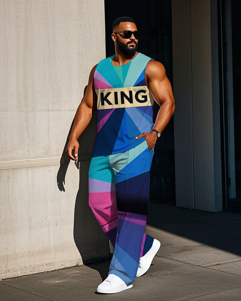 Big Men's Letter KING Stripe Color Block Printed Outdoor Sporty Vest and Pants Set