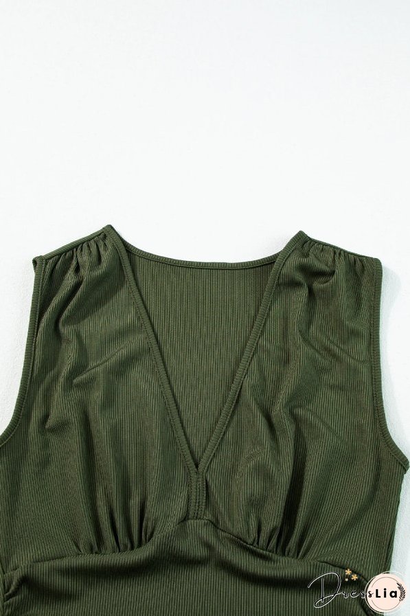 Moss Green Sleeveless V Neck Ruched Wide Leg Jumpsuit