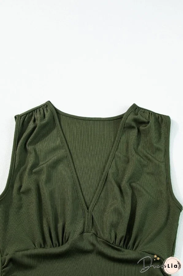 Moss Green Sleeveless V Neck Ruched Wide Leg Jumpsuit