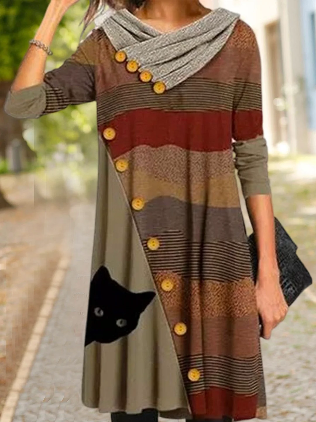 Cat Casual Autumn Polyester V neck Micro-Elasticity Loose Skirt A-Line Dress for Women | IFYHOME