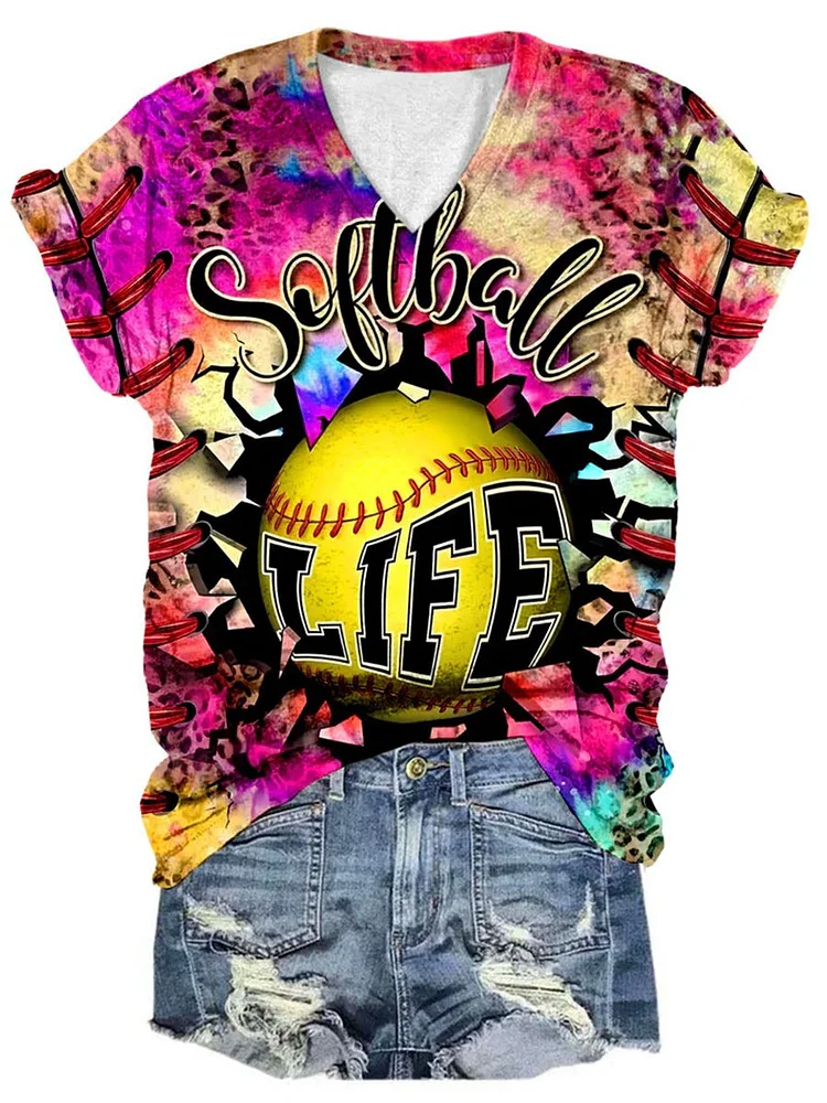 Vintage Softball Life Tie-dye Print T-shirt