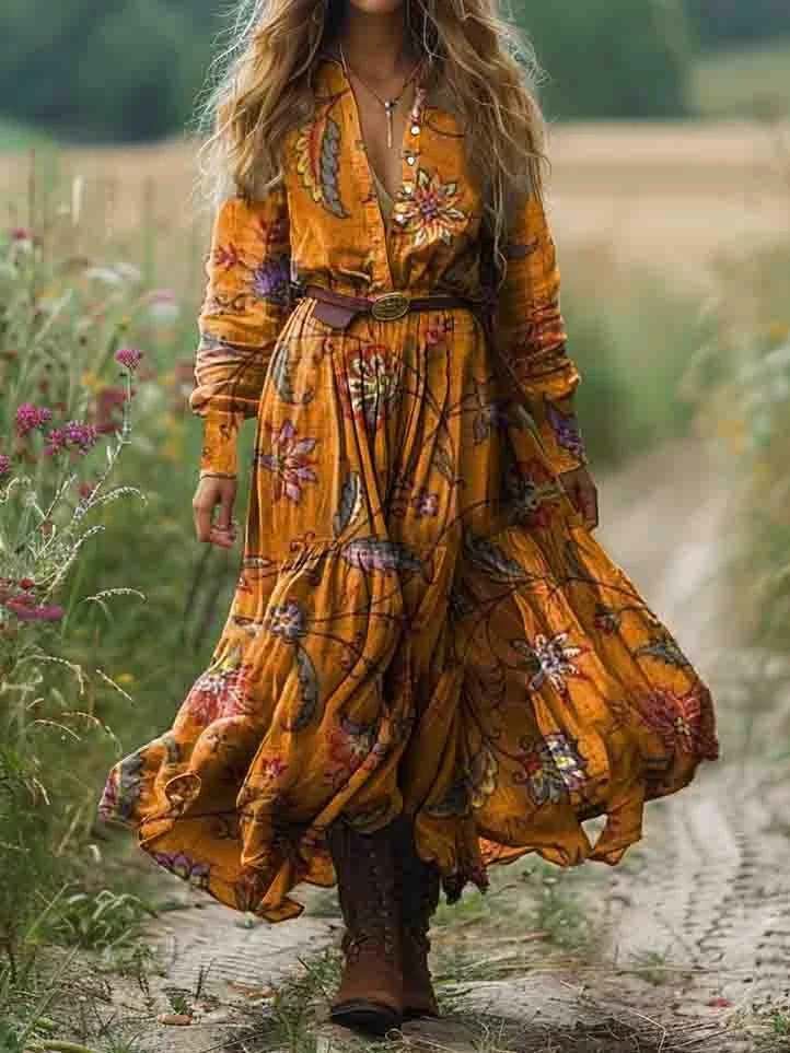 Women's Ethnic Floral Art Print Pocket Cotton Dress