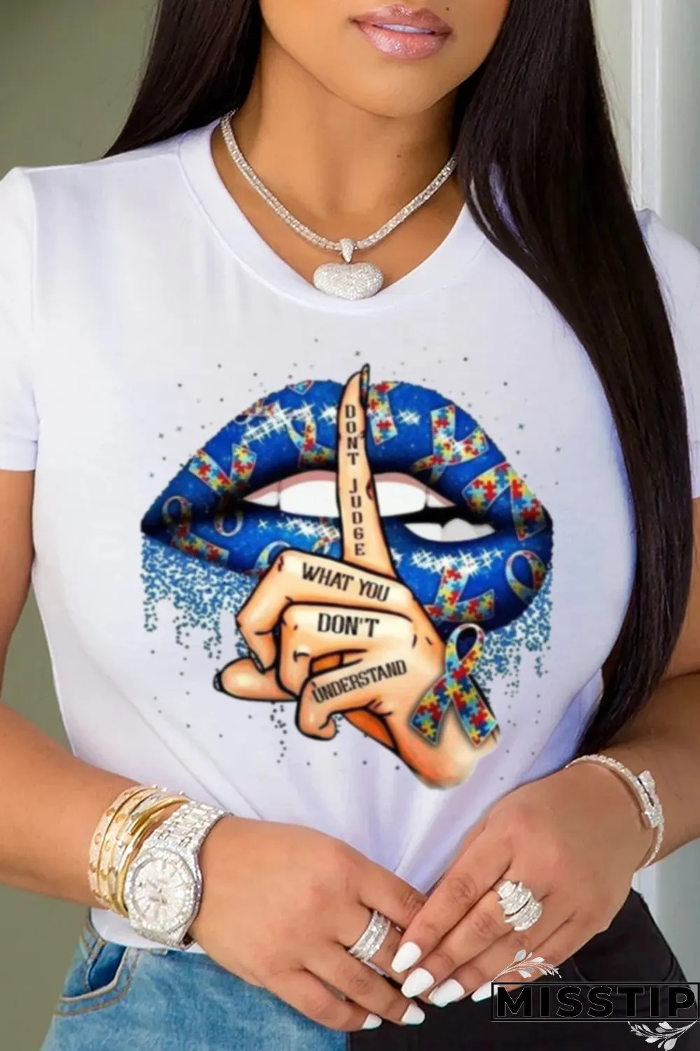 Orange Fashion Casual Lips Printed Patchwork O Neck T-Shirts