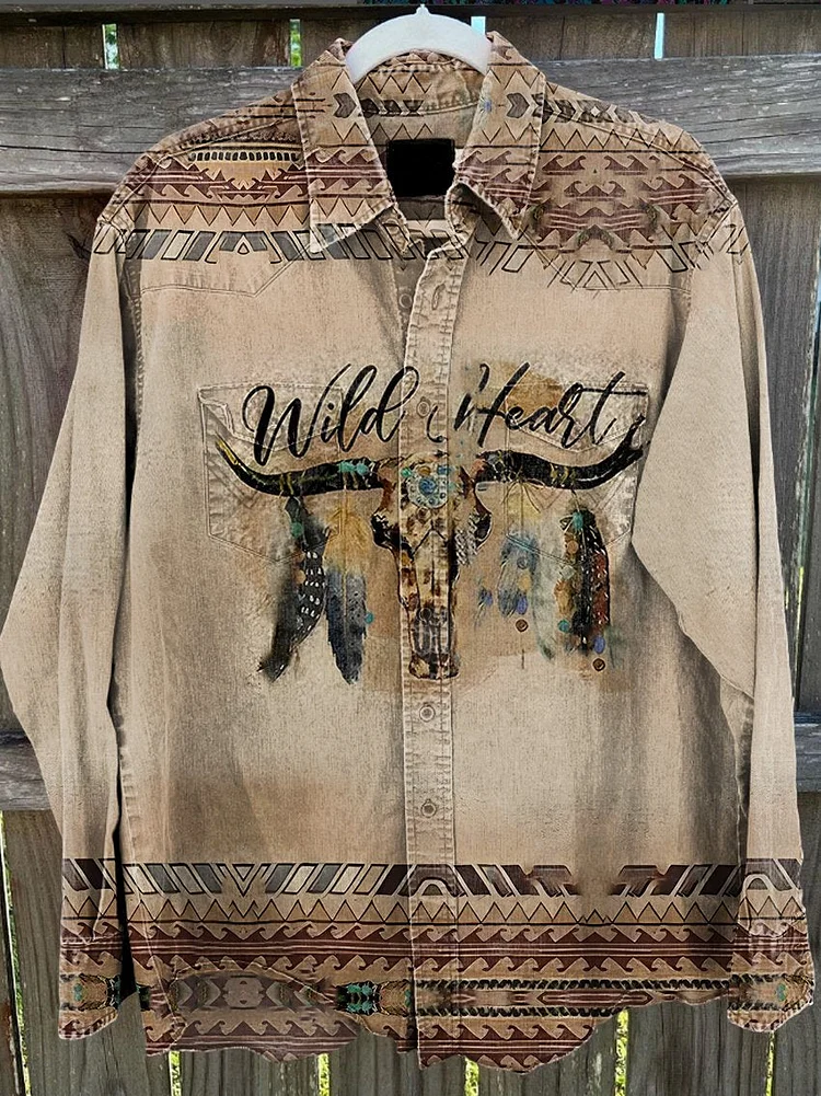 Western Style Cowhead Letter Shirt Vintage Stripe Print Casual Shirt