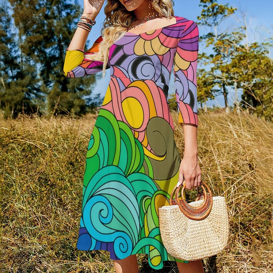 Colorful Retro 1960s Flower Power Dress Sweetheart Tie Back Flared 3/4 Sleeve Midi Dresses Green-2XS